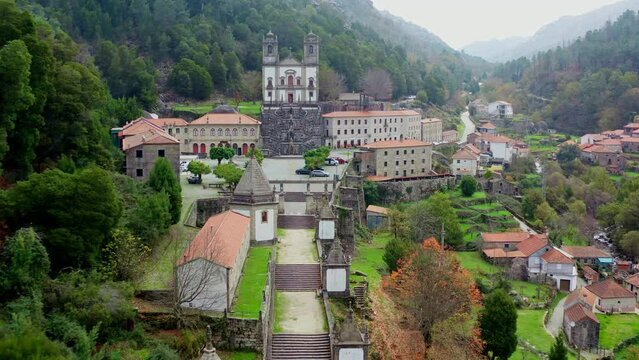 Aerial Establishing Sanctuary of the Lady of Peneda on a rainy day, Portugal.
