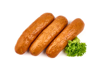 Smoked German Sausages, isolated on white background.