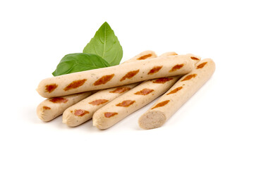 Barbecued white chicken sausages, isolated on white background.