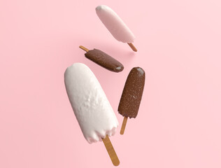 Ice cream - 3d render illustration. Chocolate, vanilla milk sweetness for children. Juicy sweet fresh taste of summer.