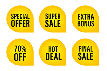 Collection label six circle badges for announcement discount in black, yellow label. Special offer, super sale, 70 percent off icons, Final sale, hot deal, Extra bonus. Vector illustration