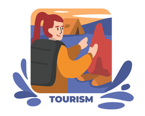 Rejoicing girl warming up by fire with tent. Young people traveling abroad. Active recreation and adventure during travel. Vacation trip. Vector flat style illustration