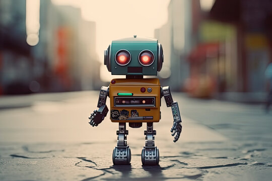 Robot walking down the street. robot assistant , robot advisor navigation