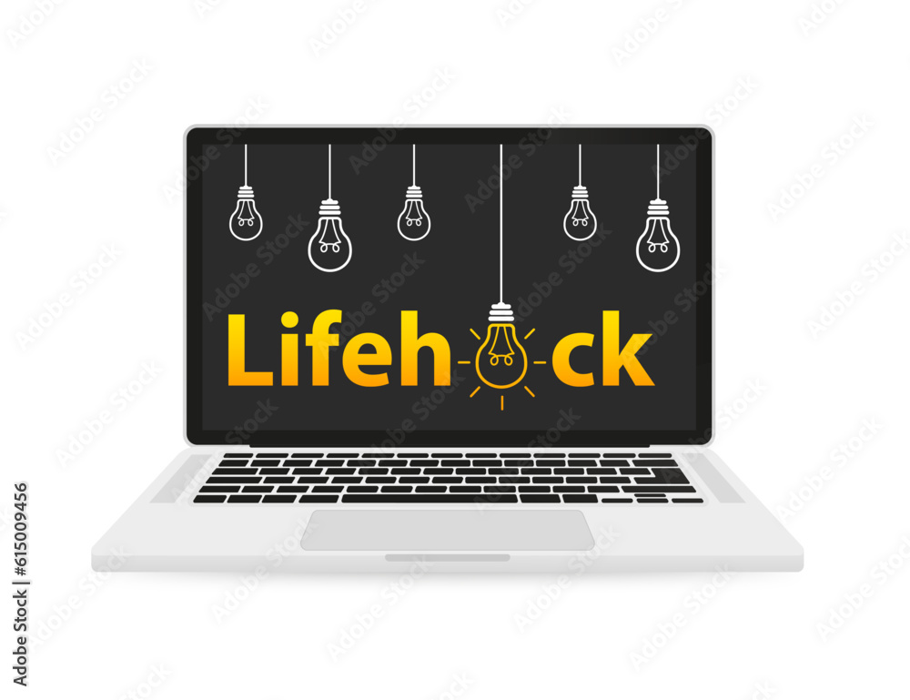 Poster lifehack text expression with light bulb. life hack on the laptop screen with light bulbs. life hack