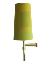 brass swing arm floor lamp with pastel green lamp shade. 