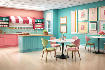  ice cream parlor with pastel-colored walls, a counter adorned with colorful toppings and sprinkles