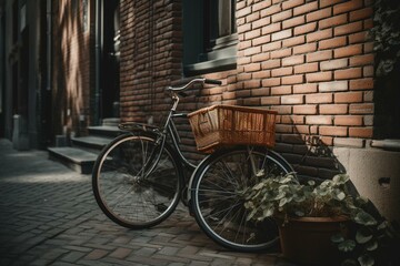 Fototapeta na wymiar A parked bike with basket against brick wall, surrounded by more brick walls. Generative AI