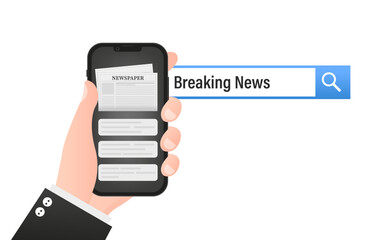 Newspaper with news in smartphone. Hand holding phone and scrolling news feed. Daily or weekly breaking news. News webpage, information about events, activities. Worldwide media. Vector illustration