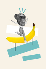 Exclusive sketch collage image of excited chimpanzee head lady enjoying banana isolated creative background