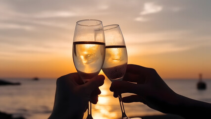 Two caucasian hands holding champagne glasses over the sea. Romantic vacation. Neural network generated in May 2023. Not based on any actual scene. - obrazy, fototapety, plakaty