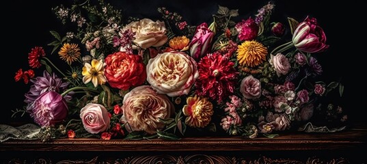 Bloom floral vintage colors style bouquet art painting on dark background. Generative AI technology.