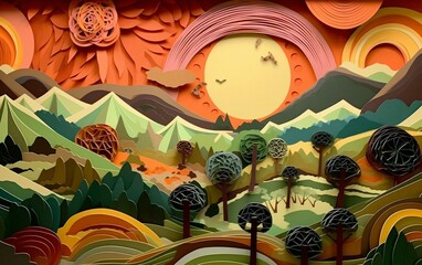 Summer Landscape Paper Craft with Layers, Generative AI