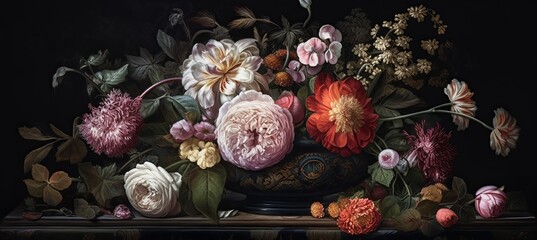 Floral vintage colors style bouquet art painting on dark background. Generative AI technology.