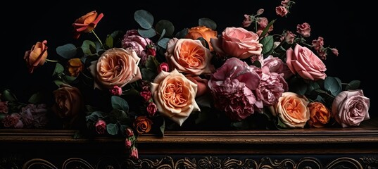 Floral vintage bouquet art painting on dark background. Generative AI technology.