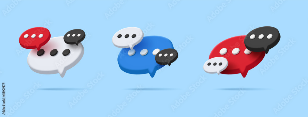 Poster speech, communication, dialogue bubbles front view and perspective, 3d render rounded icon set with 