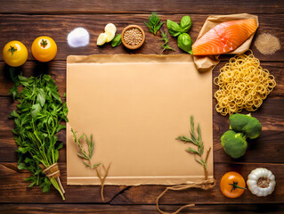 Pasta dish. Ingredients table top with space for notes. copy space.