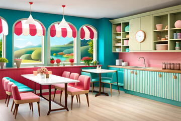  ice cream parlor with pastel-colored walls, a counter adorned with colorful toppings and sprinkles