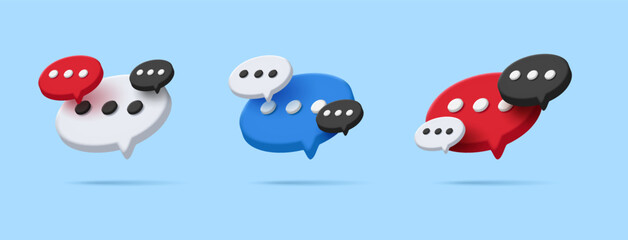 Speech, communication, dialogue bubbles front view and perspective, 3d render rounded icon set with 3 dots inside