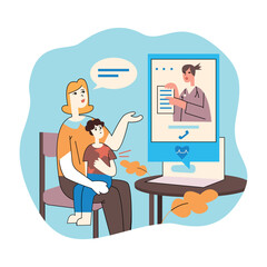 Family getting online medical consultation on laptop. Doctor providing modern healthcare service using video calls. Distance communication with therapist. Vector