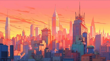 Sunset modern futuristic city background. Generative AI technology.