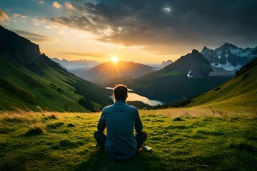 Fototapeta premium Image of a man staring out at a beautiful landscape of mountains and water. (AI-generated fictional illustration)