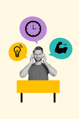 Poster picture image collage artwork of dreamy positive guy sitting listening audio planning day isolated on white painted background