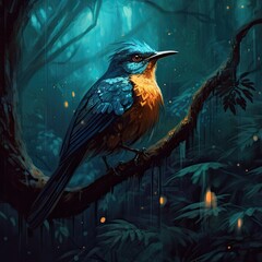 A bird in the night forest