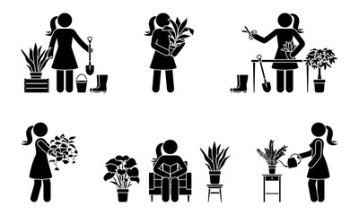 Stick figure woman gardening home flowers vector illustration set. Stick girl person house planting icon silhouette pictogram
