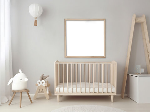 Blank horizontal decorative art transparent frame mock-up nursery interior, modern nursery interior background