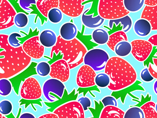 Strawberries and blueberries seamless pattern. Summer berry mix with blueberries and strawberries in 3d style with gradient colors on a blue background. Vector illustration