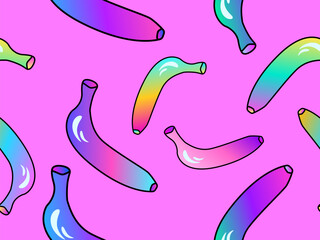 Seamless pattern with colorful gradient bananas in 80s style. Futuristic bananas in synthwave and retro wave style. Design for print, wrapping paper, wallpapers and banners. Vector illustration
