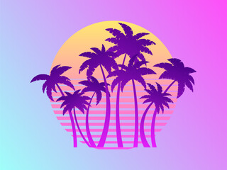 Fototapeta na wymiar Palm trees on a sunset 80s retro sci-fi style. Summer time. Futuristic sun retro wave. Gradient palm trees. Design for advertising brochures, banners, posters, travel agencies. Vector illustration