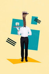 Vertical abstract creative composite photo collage of funny elegant waiter with ostrich head hold...