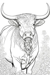 taureau, coloriage, illustration, midjourney, ia g&eacute;n&eacute;rative, g&eacute;n&eacute;rative, ia