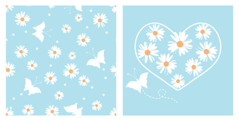 Seamless pattern with daisy flower and butterfly cartoons on blue background vector illustration. daisy icon, heart line and butterfly cartoon vector illustration.