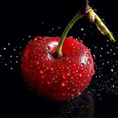 cherry in water drops on a black background