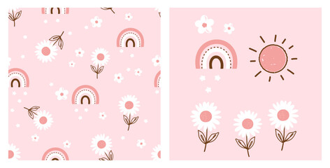 Seamless pattern with daisy flower and rainbows on pink background. Daisy flower, sun icon and rainbow vector illustration.
