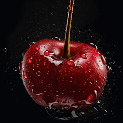 cherry in water drops on a black background