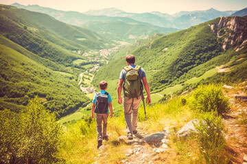 Fototapeta na wymiar Father and son walking through a beautiful valley on a summer day