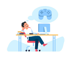 Boy doesnt want to study. Guy dreams of playing games. Man sitting and imagining joystick. Employee working at computer. Procrastinating person. Daydreaming at workplace. Vector concept