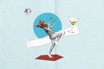 Collage portrait of black white effect guy lynx head dancing hands claws martini glass disco ball...