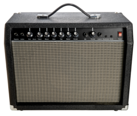 Electric guitar amplifier speaker design on white, Black Vintage style wireless speaker on white background PNG File.