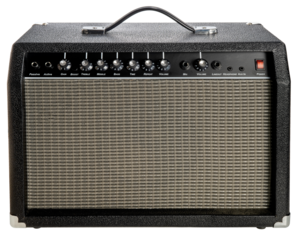 Electric guitar amplifier speaker design on white, Black Vintage style wireless speaker on white background PNG File.