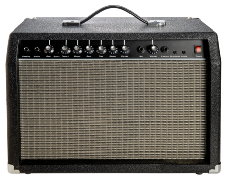 Electric guitar amplifier speaker design on white, Black Vintage style wireless speaker on white background PNG File.