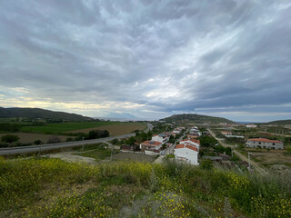 Naklejka premium Samothrace Island and Kalekoy view from Eski Bademli-Gliki village in Gokceada on a rainy day. Canakkale, Turkey. Imbros island panoramic seascape