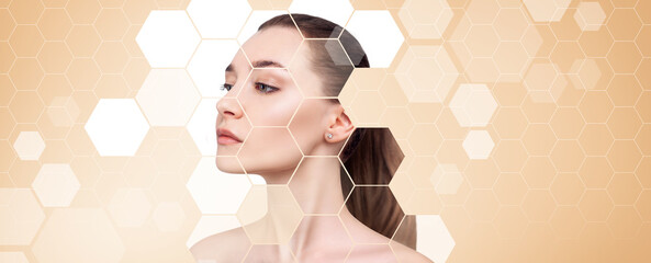Sensual woman face shows up from mosaic honeycombs