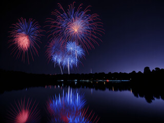 Colorful fireworks in the night sky with reflection on the water.