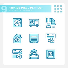 Heating and cooling light blue icons. Ventilation system. Air conditioner. Temperature control. RGB color. Website icons set. Simple design element. Contour drawing. Line illustration