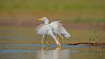 Western Cattle Egret (Bubulcus ibis) usually lives near water. It is possible to see them frequently among cattle. Because they are fed by hunting animals that run away from the cattle.