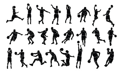 Fototapeta na wymiar Basketball player. Group of different basketball players in different playing positions. Set of basketball players throwing ball isolated on white background